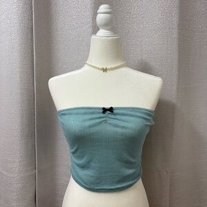 Y2K Women’s Teal Sheer Tube Top Size small Cottagecore Bow’s,Strapless, Romantic